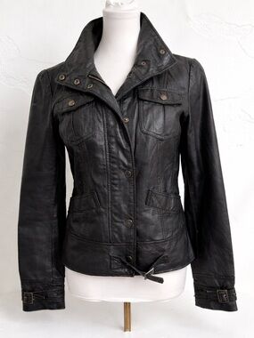 Vintage Black Genuine Leather Jacket Utility Moto Chic Fitted M